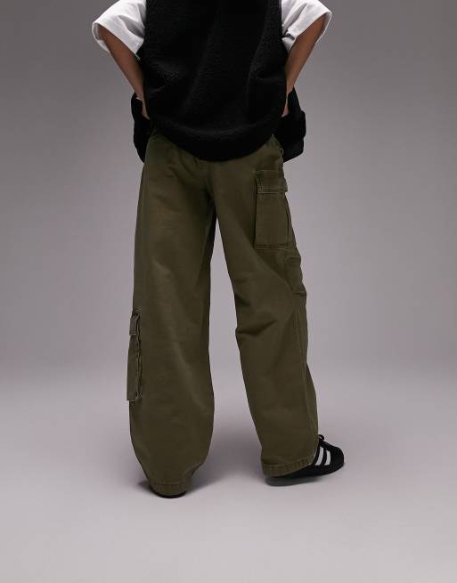 Topshop ultimate washed utility cargo trouser in khaki, 2 of 4