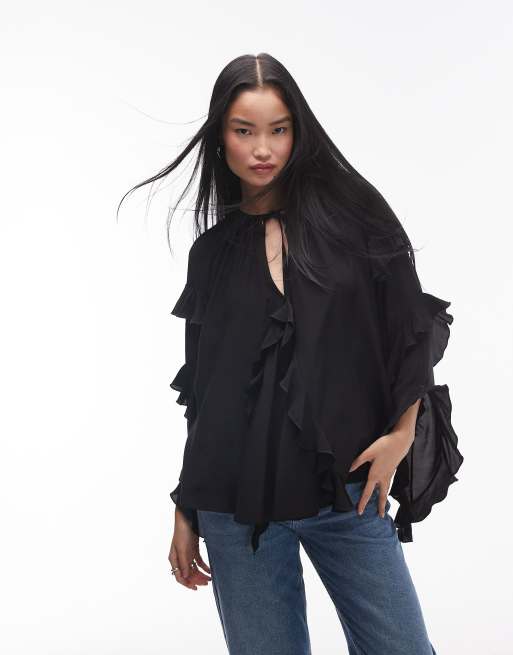 Topshop ultra femme frill top in black