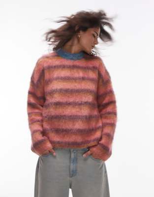 Topshop - Ultra-flauschiger lockerer Strickpullover mit Streifen in Rosa, Ocker und Lila-Bunt