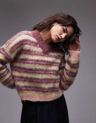 Topshop - Ultra-flauschiger Strickpullover mit mehrfarbigen Streifen und hohem V-Ausschnitt-Bunt