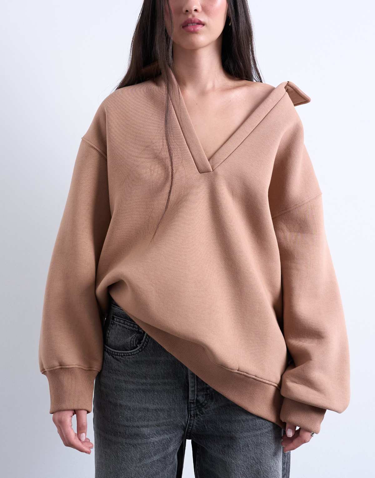 Topshop ultra long v-neck polo sweat in brown
