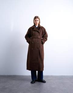 Unlined double breasted longline coat with wool in chocolate