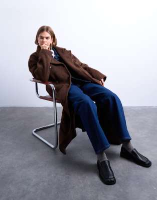 Topshop Unlined Double Breasted Longline Wool Blend Coat In Brown