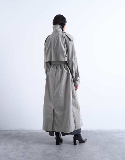 Topshop unlined longline nylon trench coat in gray