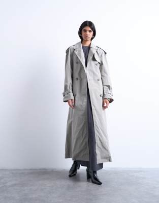 Topshop Women's Grey Unlined Longline Nylon Trench Coat In
