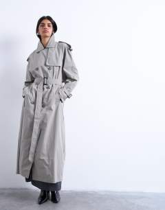 Model wearing Unlined longline nylon trench coat in grey