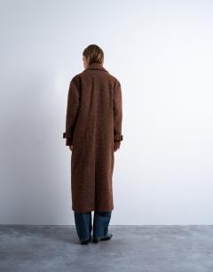Model wearing Unlined soft brushed chuck on longline coat in brown