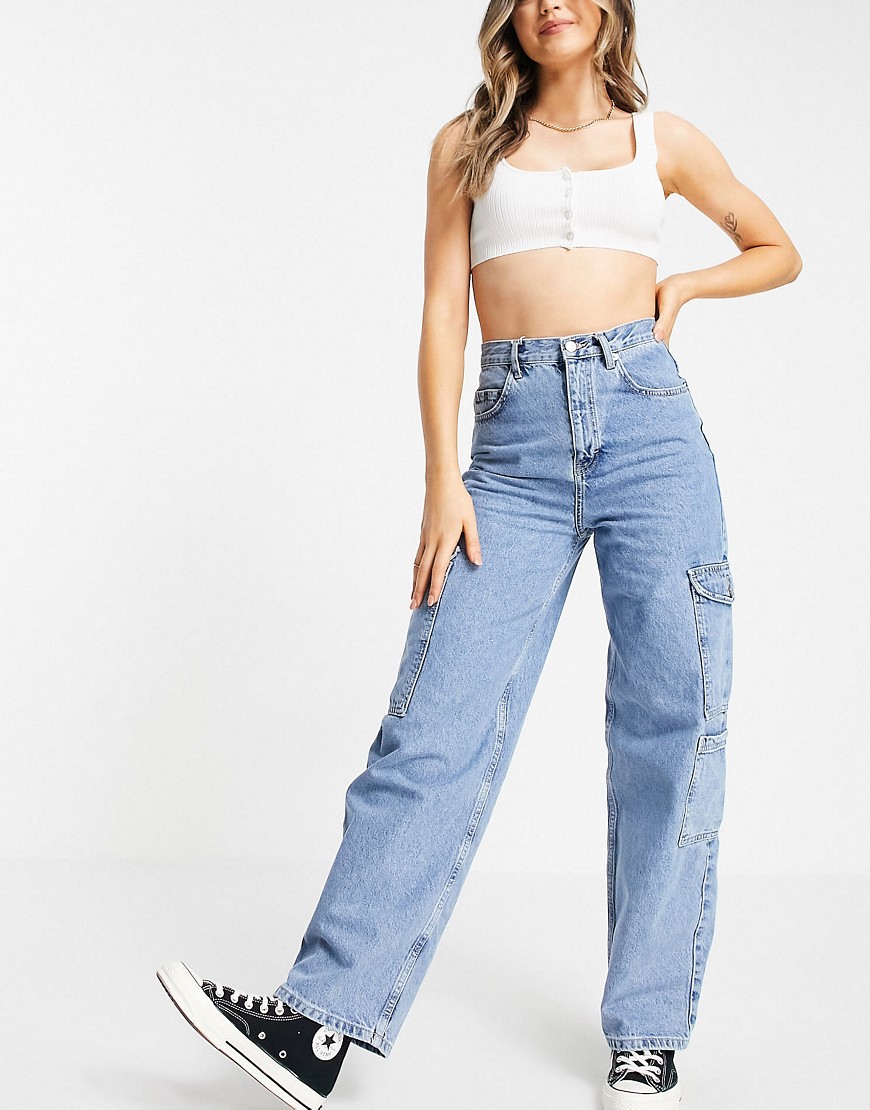 Topshop utility baggy jeans in mid blue-Blues