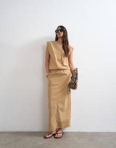 Utility concealed placket column maxi dress in beige