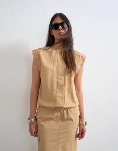 Model wearing Utility concealed placket column maxi dress in beige