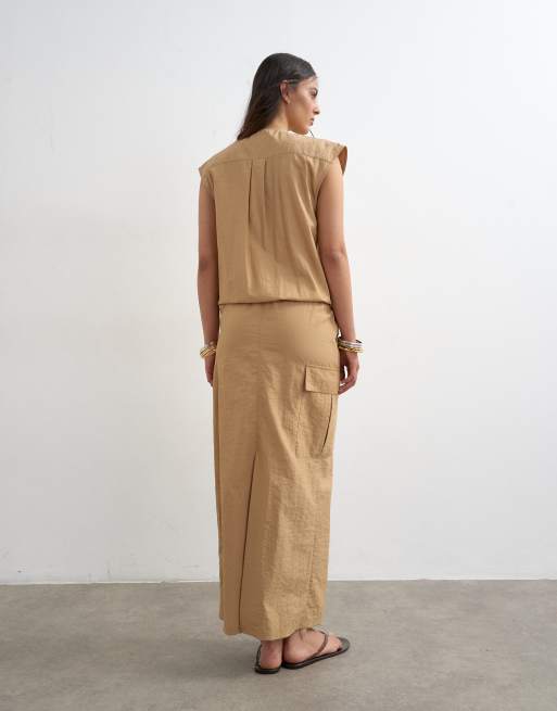 Topshop utility concealed placket column maxi dress in beige, 4 of 4