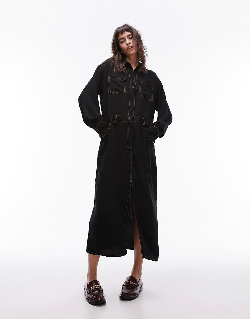 Topshop utility contrast top stitch shirt dress in black