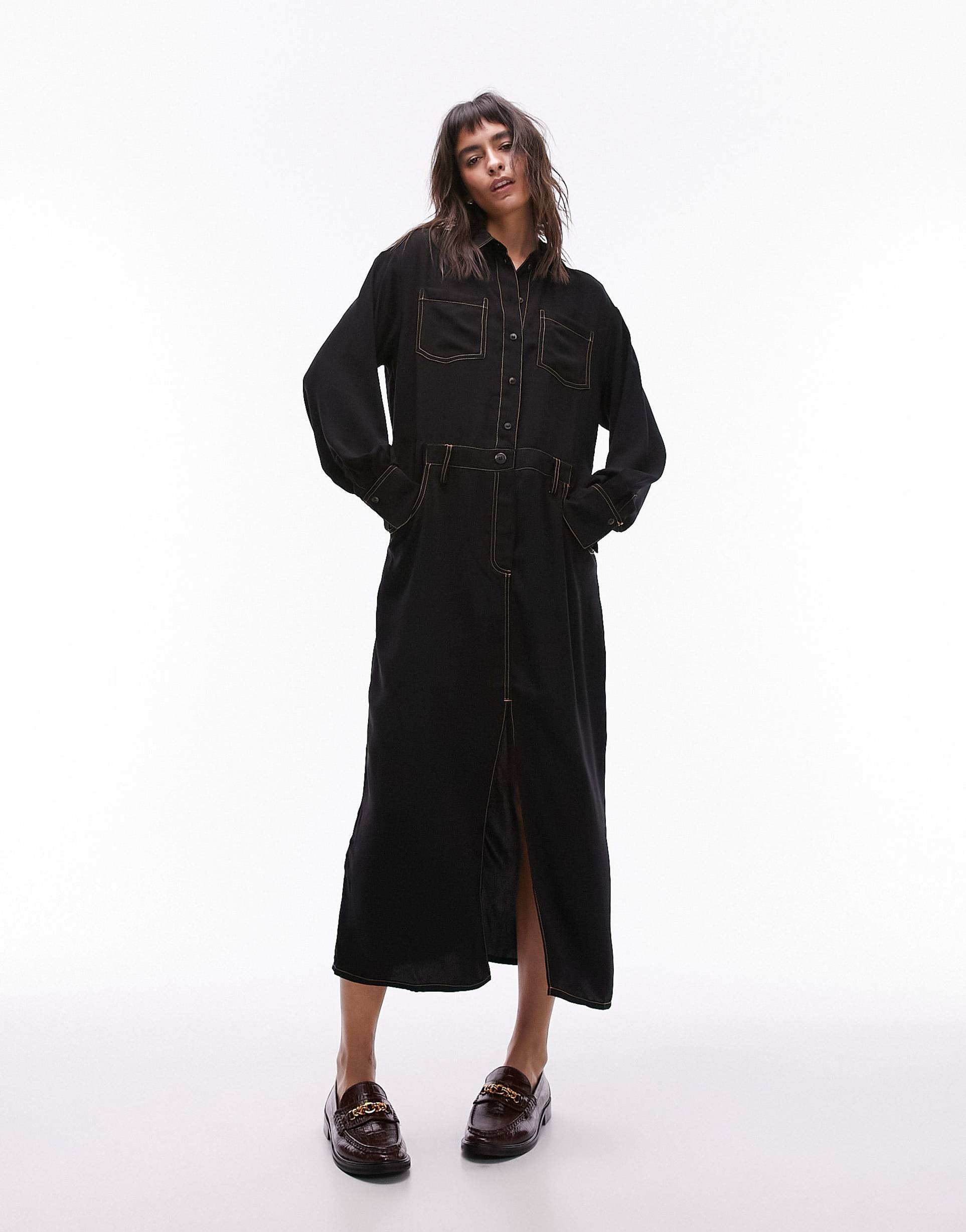 topshop utility contrast top stitch shirt dress in black