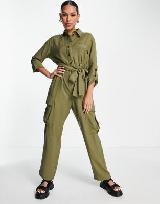 Topshop utility jumpsuit with pockets in khaki