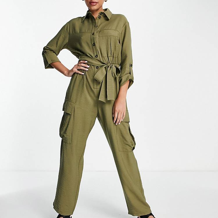 Topshop utility jumpsuit with pockets in khaki