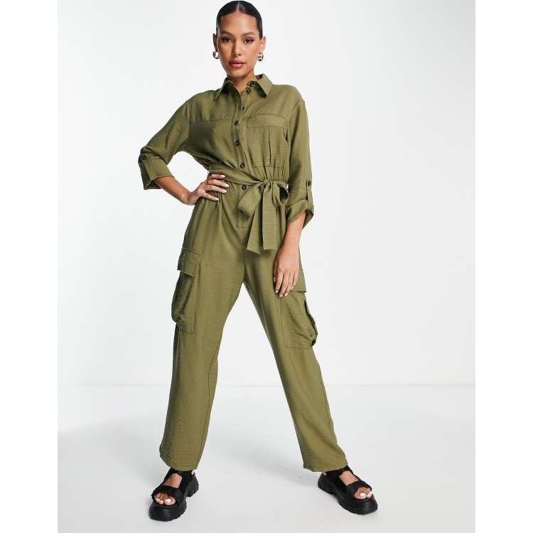 Topshop utility jumpsuit with pockets in khaki