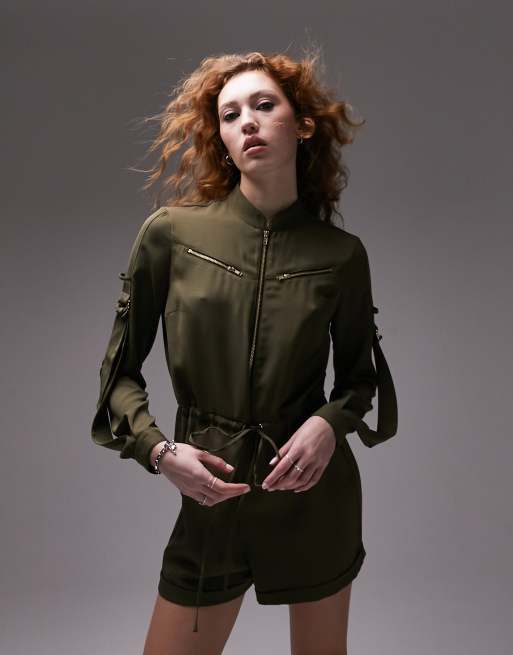 Topshop - Utility playsuit met rits aan de voorkant in kaki