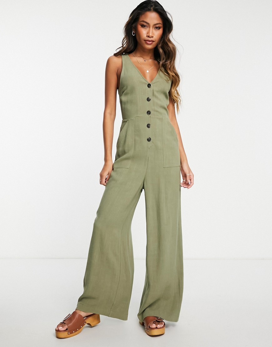 Topshop utility pocket casual jumpsuit in khaki-Green