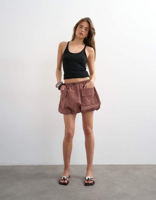 Topshop - Utility skort met trekkoord in de taille in bruinroze, 3 van 5