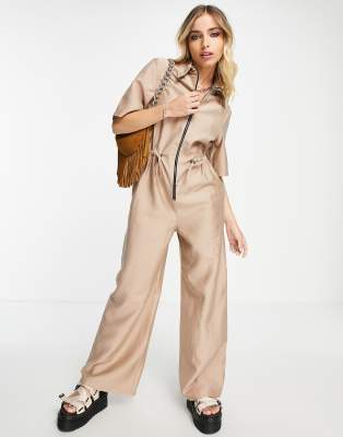 Topshop utility zip jumpsuit in stone - ASOS Price Checker