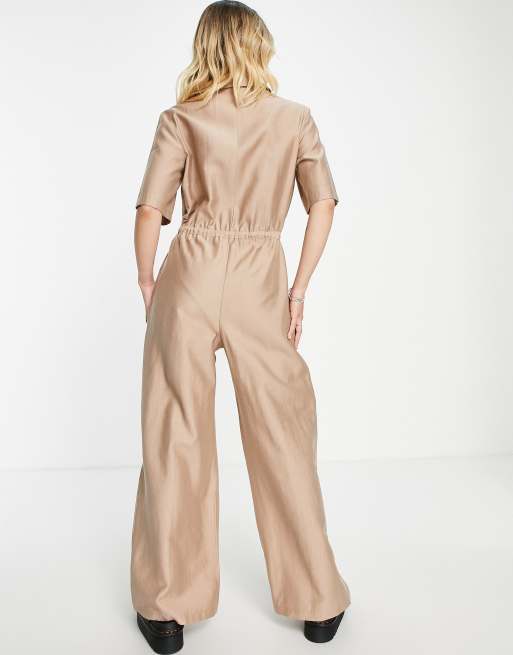 Women's Jumpsuit With Zip Front And Utility Pockets Beige