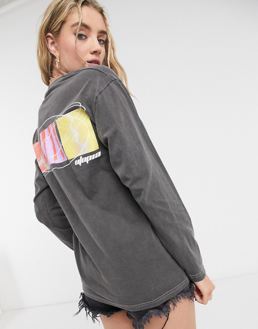 Topshop 'utopia' long-sleeved skater t-shirt in charcoal-Grey