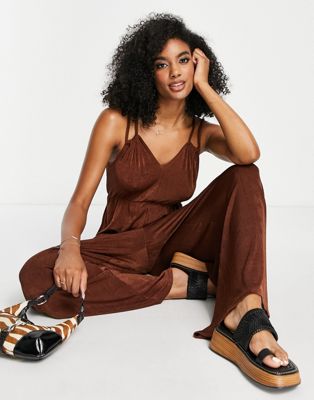 Topshop v front cut out jumpsuit in chocolate