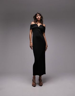 Topshop V front detail bardot maxi dress in black