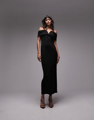 Topshop V front detail bardot maxi dress in black-Orange