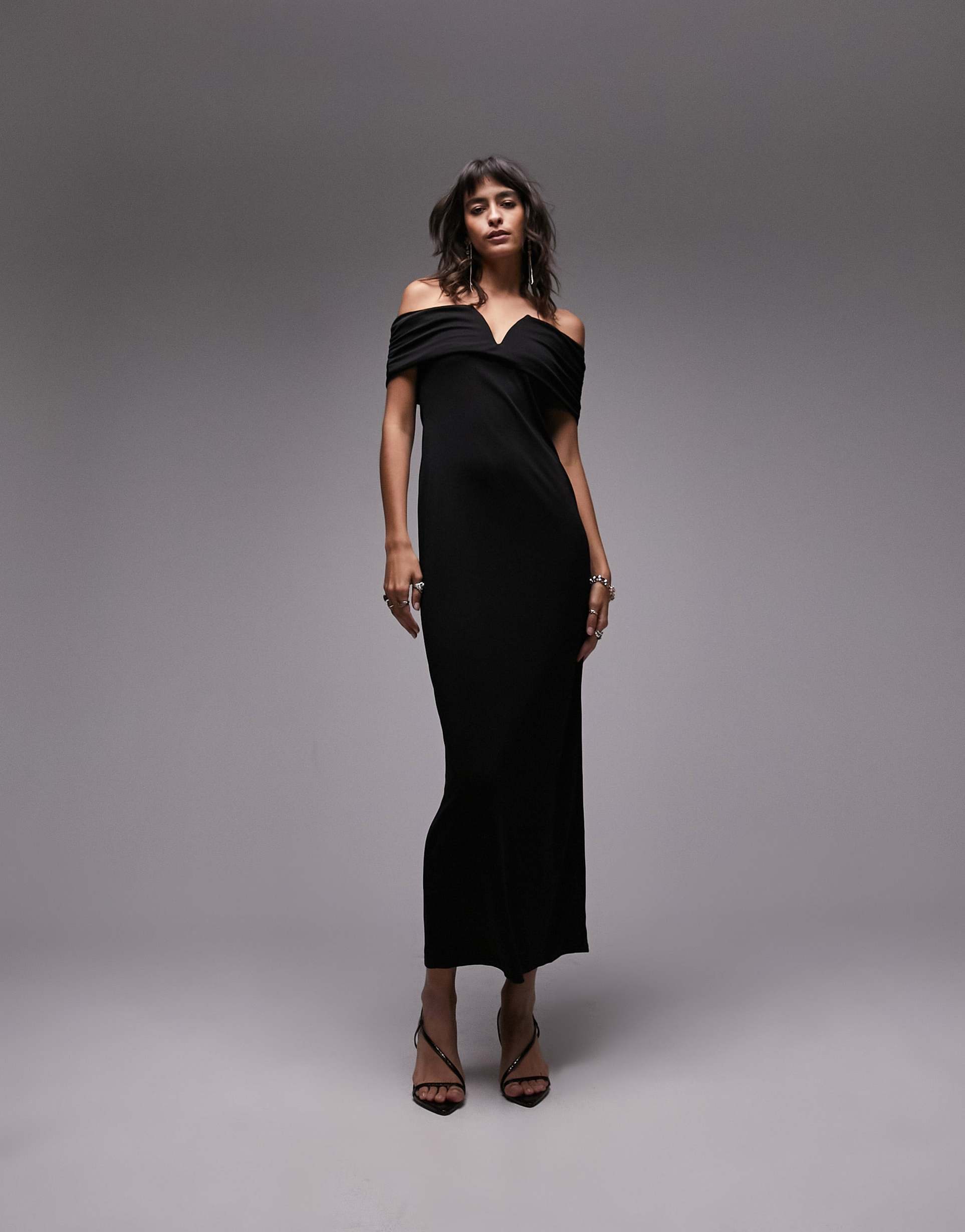 topshop v front detail bardot maxi dress in black