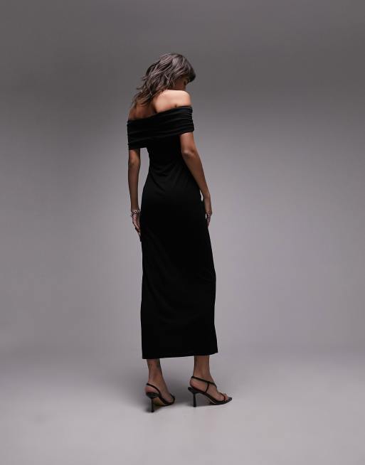 V front bardot store midi dress black