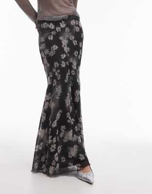 Topshop V godet maxi skirt in mono floral-Black