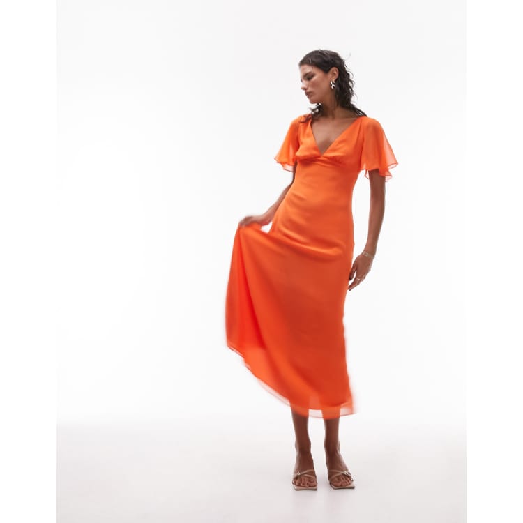 Topshop v neck angel sleeve midi dress with cut out back in orange