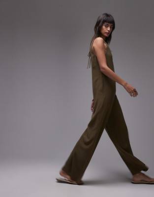 Topshop V Neck Bermuda Jumpsuit In Khaki-green