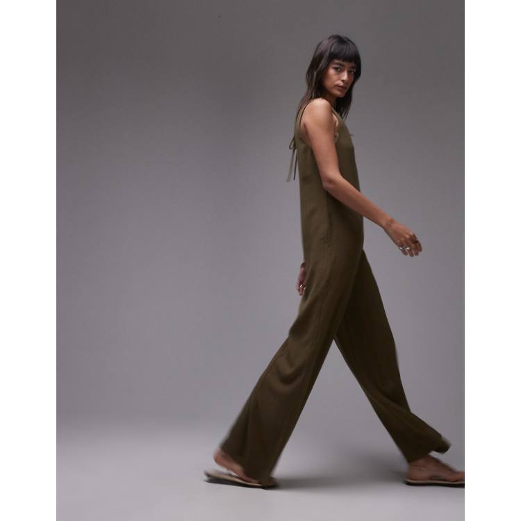 Topshop V neck bermuda jumpsuit in khaki