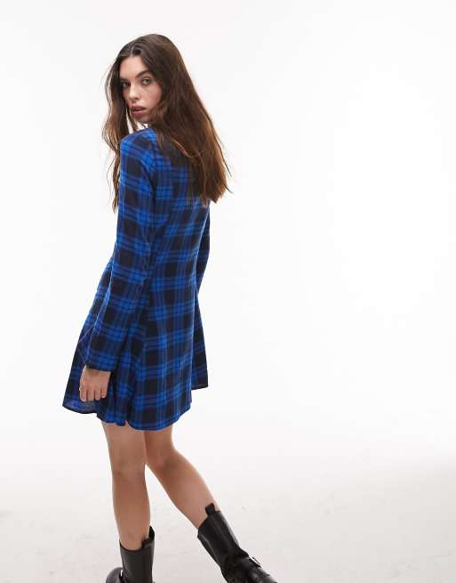 Topshop v neck brushed check mini shirt dress in blue check