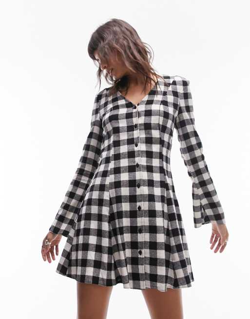 Topshop v neck brushed plaid mini shirt dress in mono