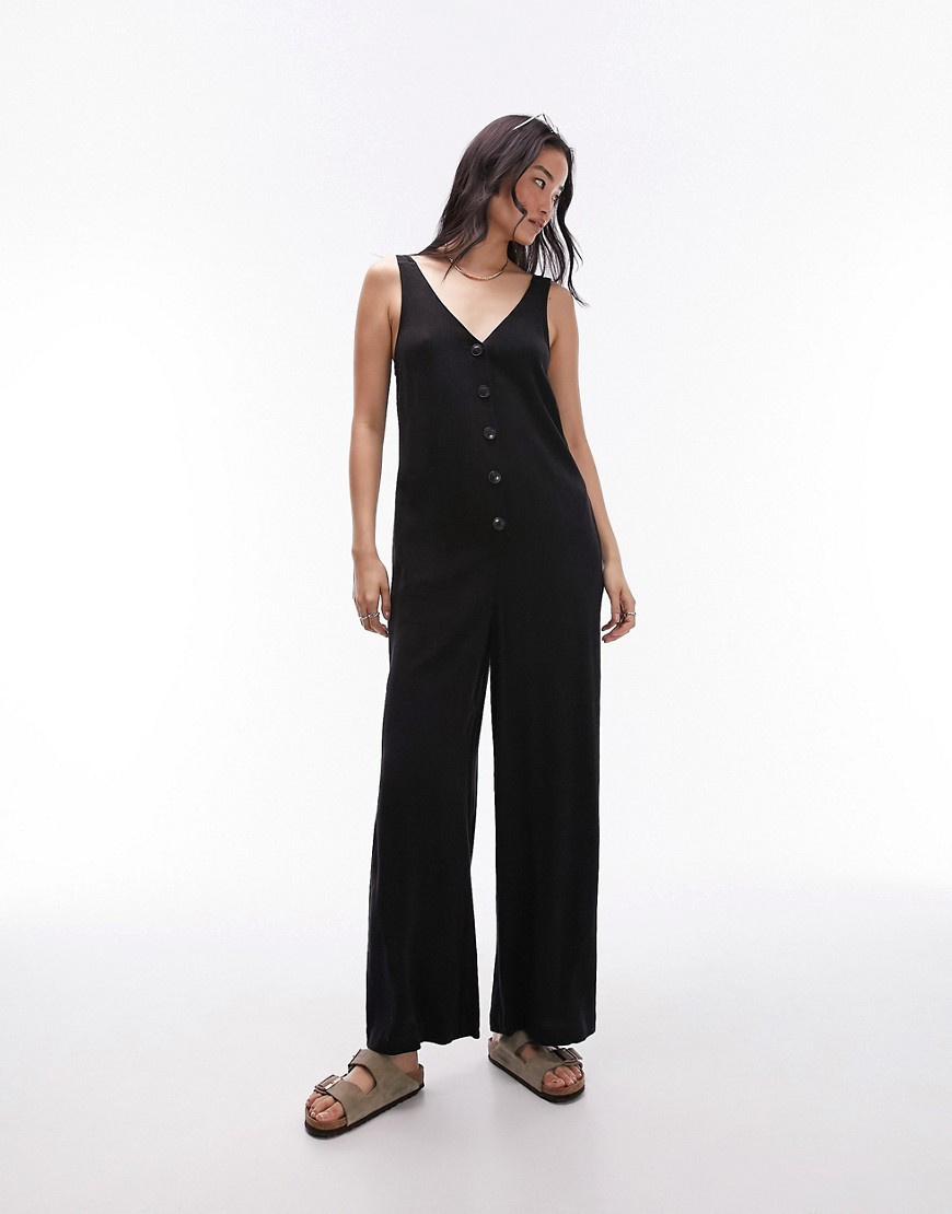 v neck button down knotted strap jumpsuit in black