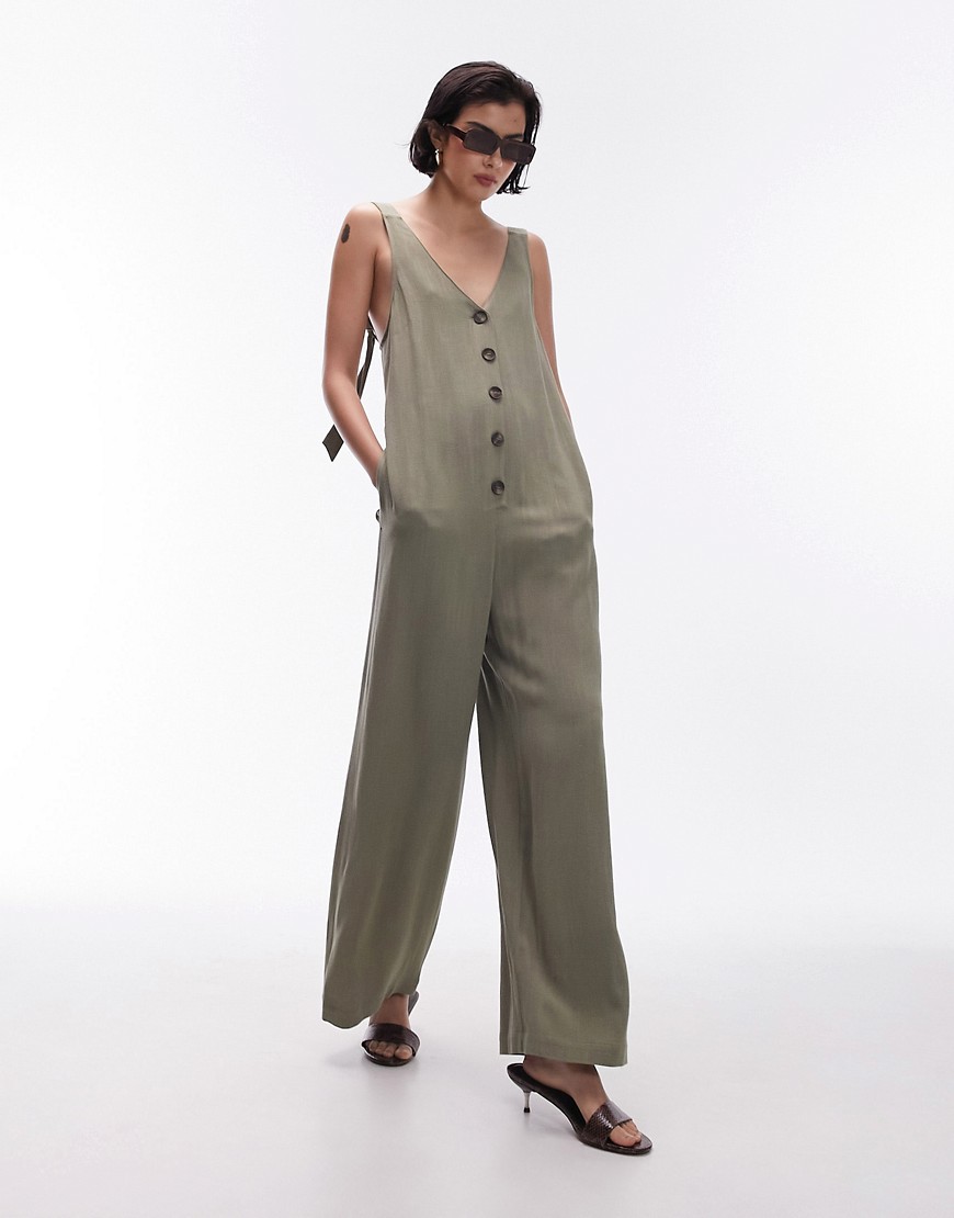 Topshop v neck button down knotted strap jumpsuit in khaki-Green