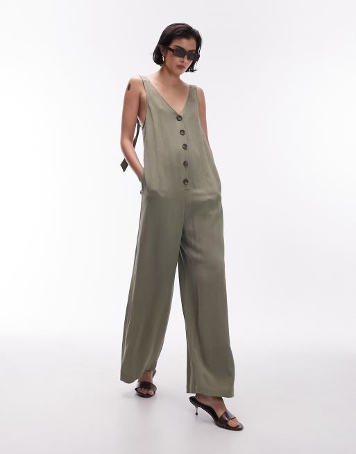 Topshop v neck button down knotted strap jumpsuit in khaki