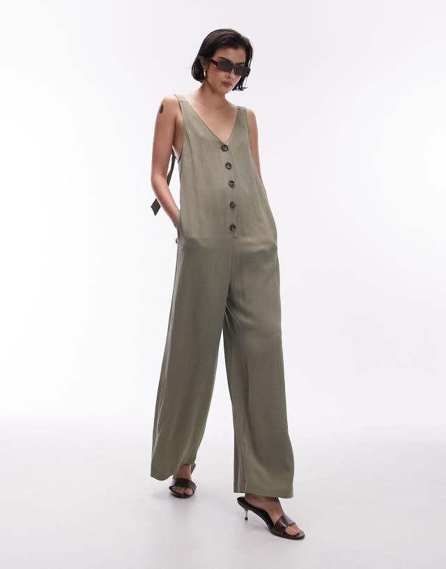 Topshop - v neck button down knotted strap jumpsuit in khaki