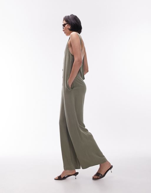 Topshop v neck button down knotted strap jumpsuit in khaki