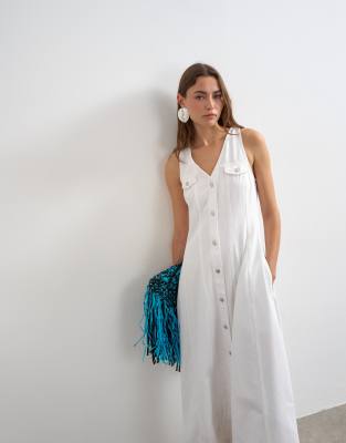Topshop V-neck Button Up Denim Midaxi Dress In White
