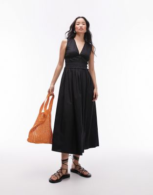 Topshop V Neck Chaneled Poplin Midi Dress In Black