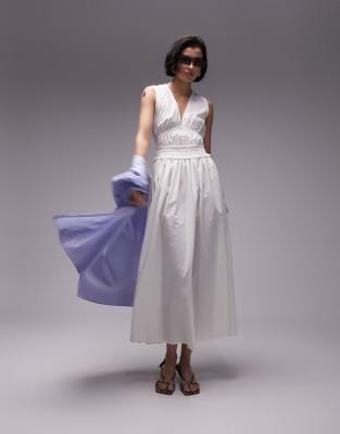 Topshop v neck chanelled poplin midi dress in ivory - view 1