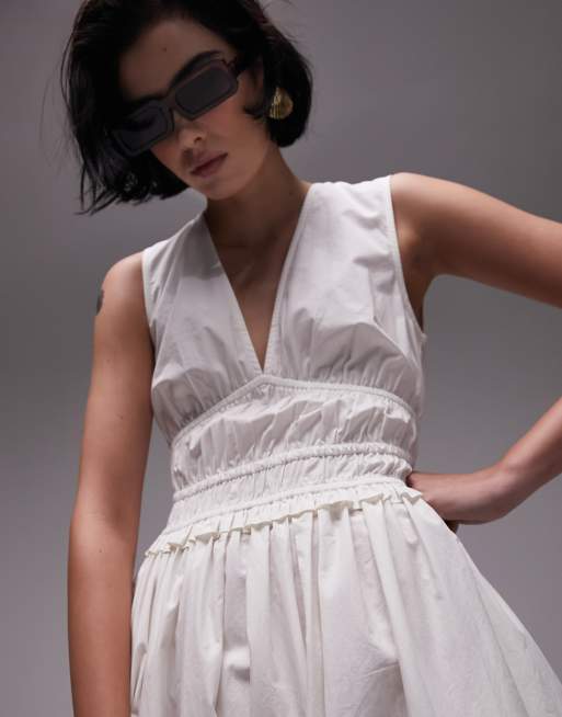 Topshop v neck channeled poplin midi dress in ivory, 2 of 4