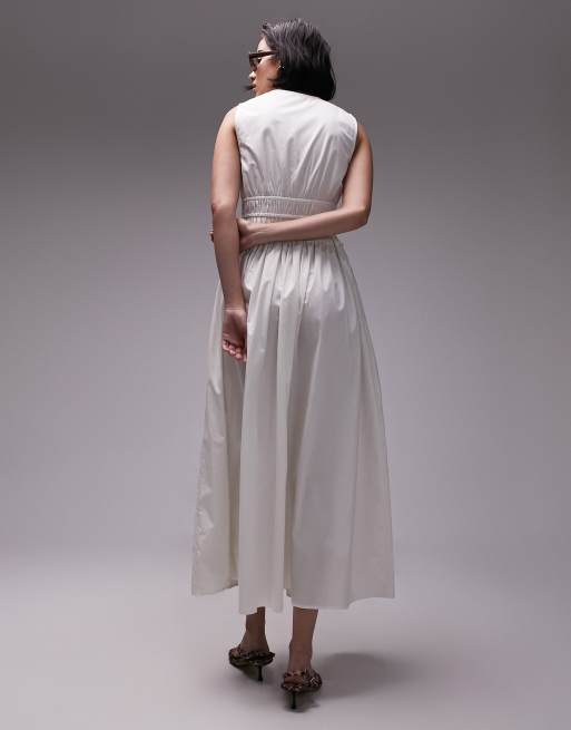 Topshop v neck channeled poplin midi dress in ivory, 3 of 4