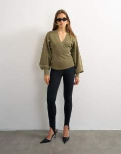 V-neck cinch waist sweat in khaki