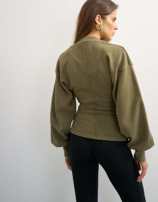 Topshop v-neck cinch waist sweat in khaki, 4 of 4