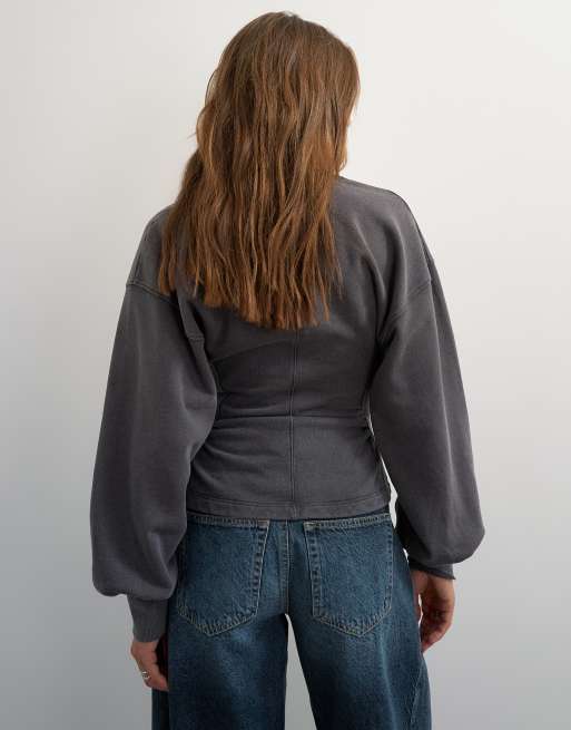 Topshop v-neck cinch waist sweatshirt in black, 4 of 4